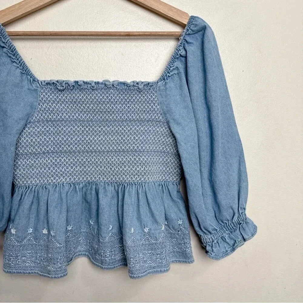 American Eagle Womens Small Smocked Square Neck Babydoll Chambray Top - Picture 13 of 14